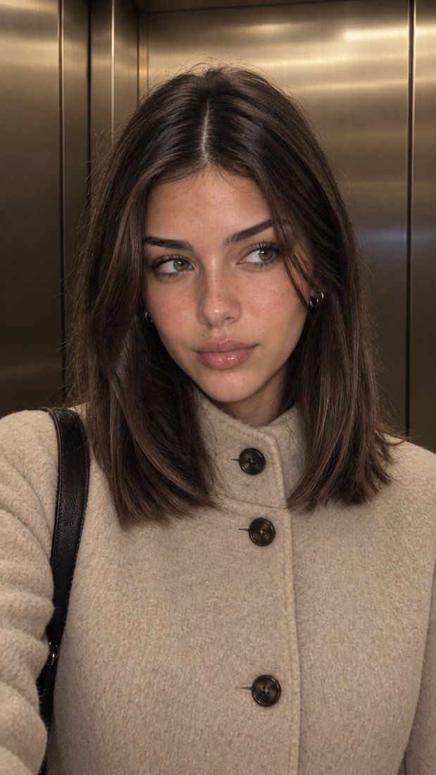 Modelka AI w beżowym płaszczu, portret